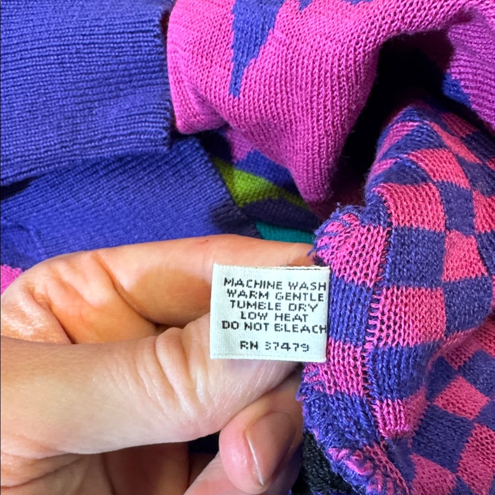 VINTAGE Vittorio Rocchetti mens L Large purple crazy 80s cotton crewneck sweater - Picture 5 of 6